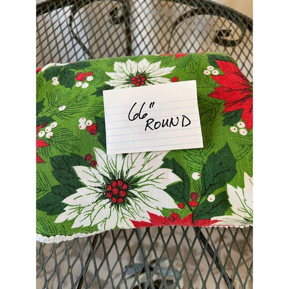 MCM Christmas poinsettia 66" round tablecloth w fringe vintage linens classic - Picture 5 of 5